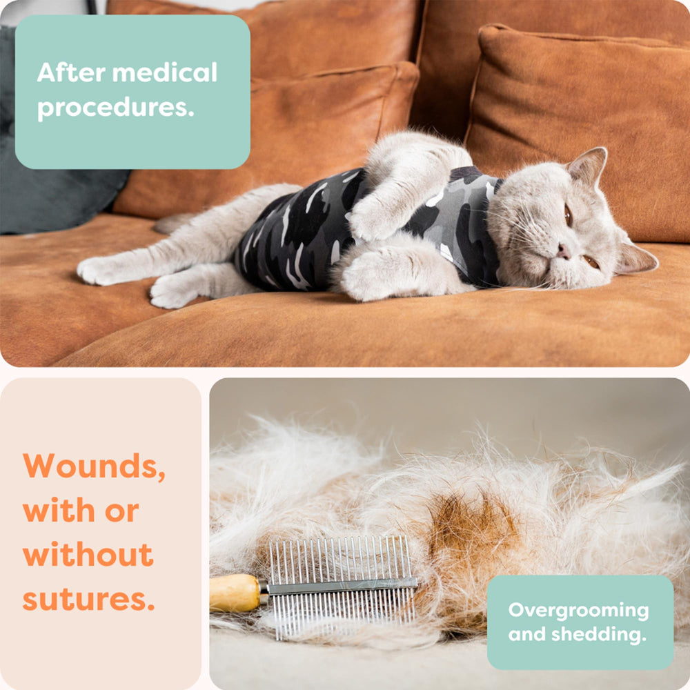 Suitical Recovery Suit cat rear-snap-closure allows easy removal after use.