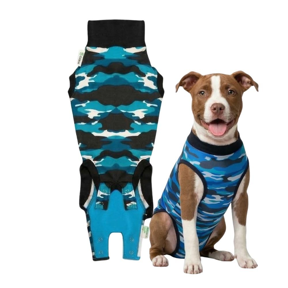 Suitical Recovery Suit for Dogs front view in blue camouflage guards sutures from dirt