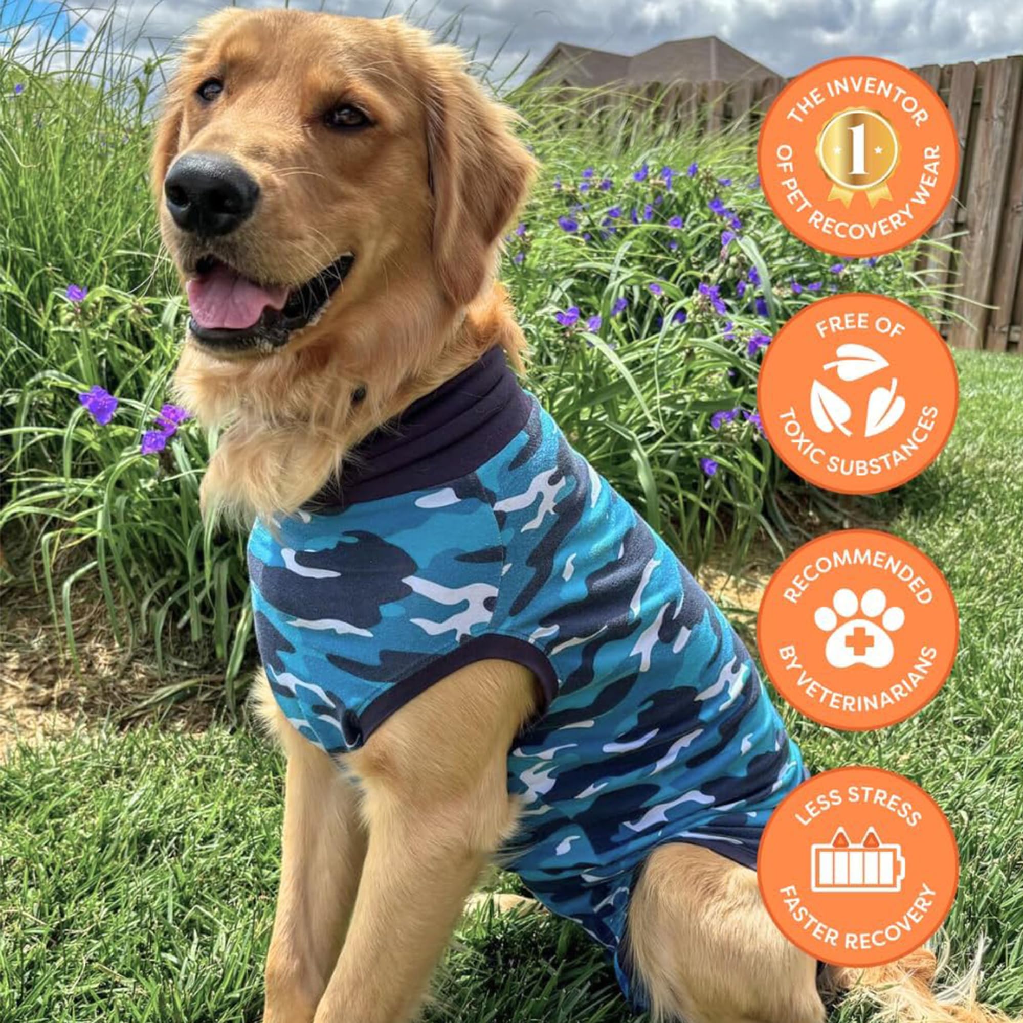 Suitical Recovery Suit for Dogs packaged product image highlighting blue camouflage