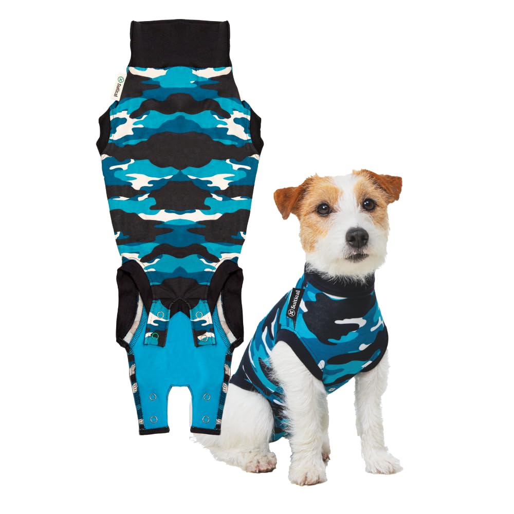 Suitical Recovery Suit on a dog showing neck-to-tail coverage for post-surgery comfort.