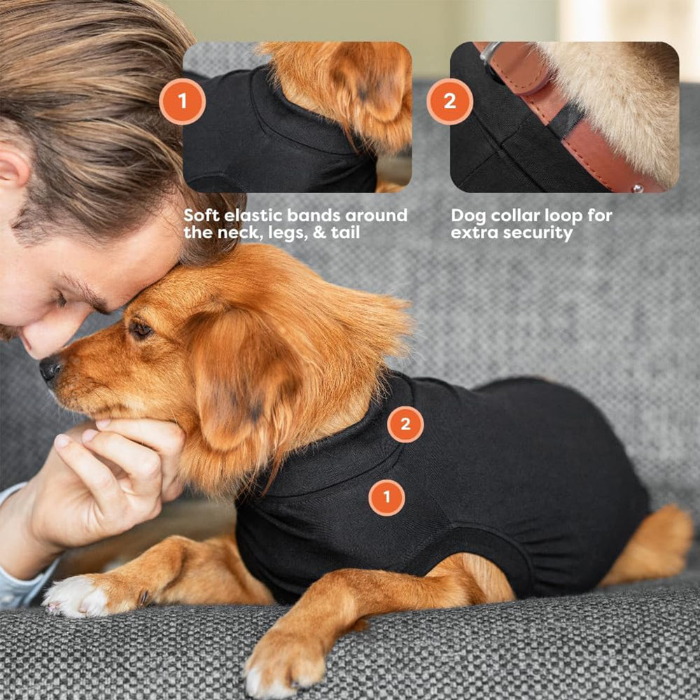 Suitical Recovery Suit with elastic neck and legs for a snug fit.