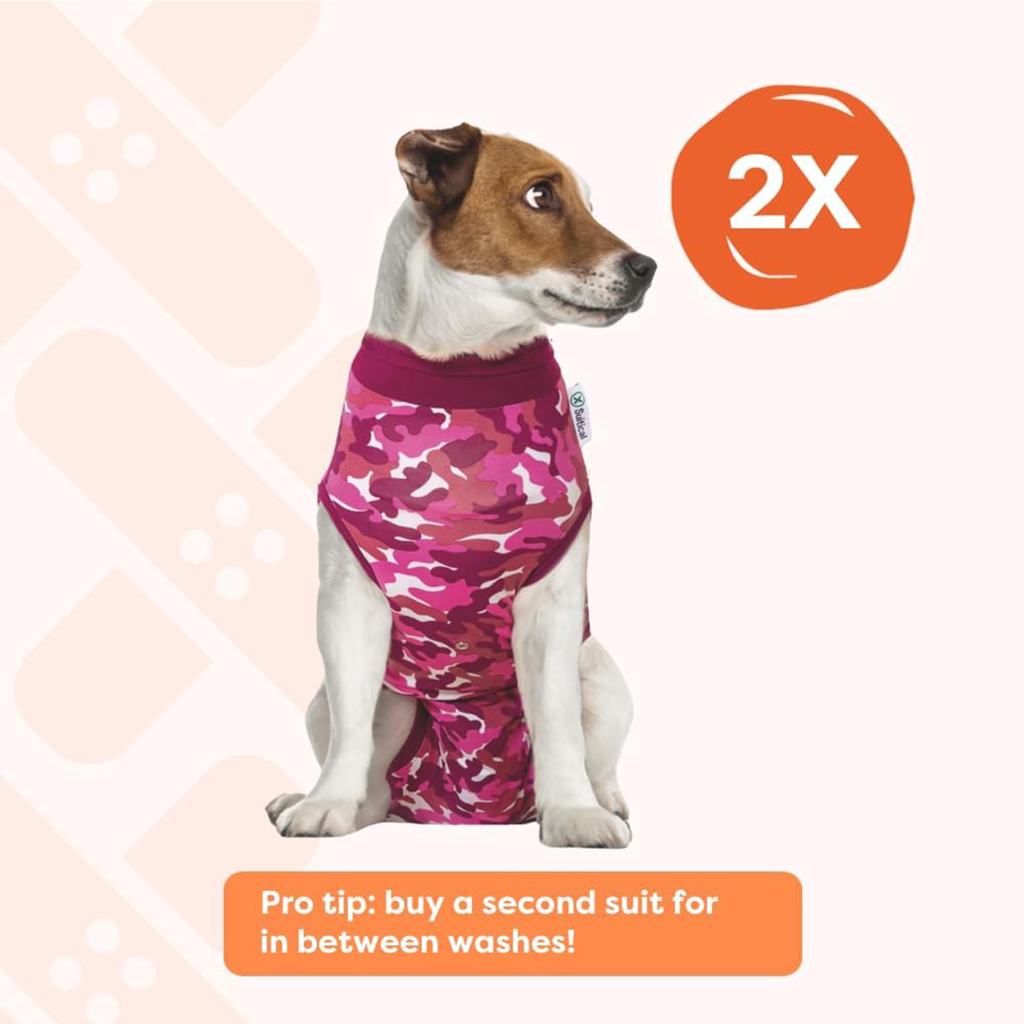 Suitical recovery suit size S+ illustrates neck-to-tail fit 19.3 to 22.4 inches