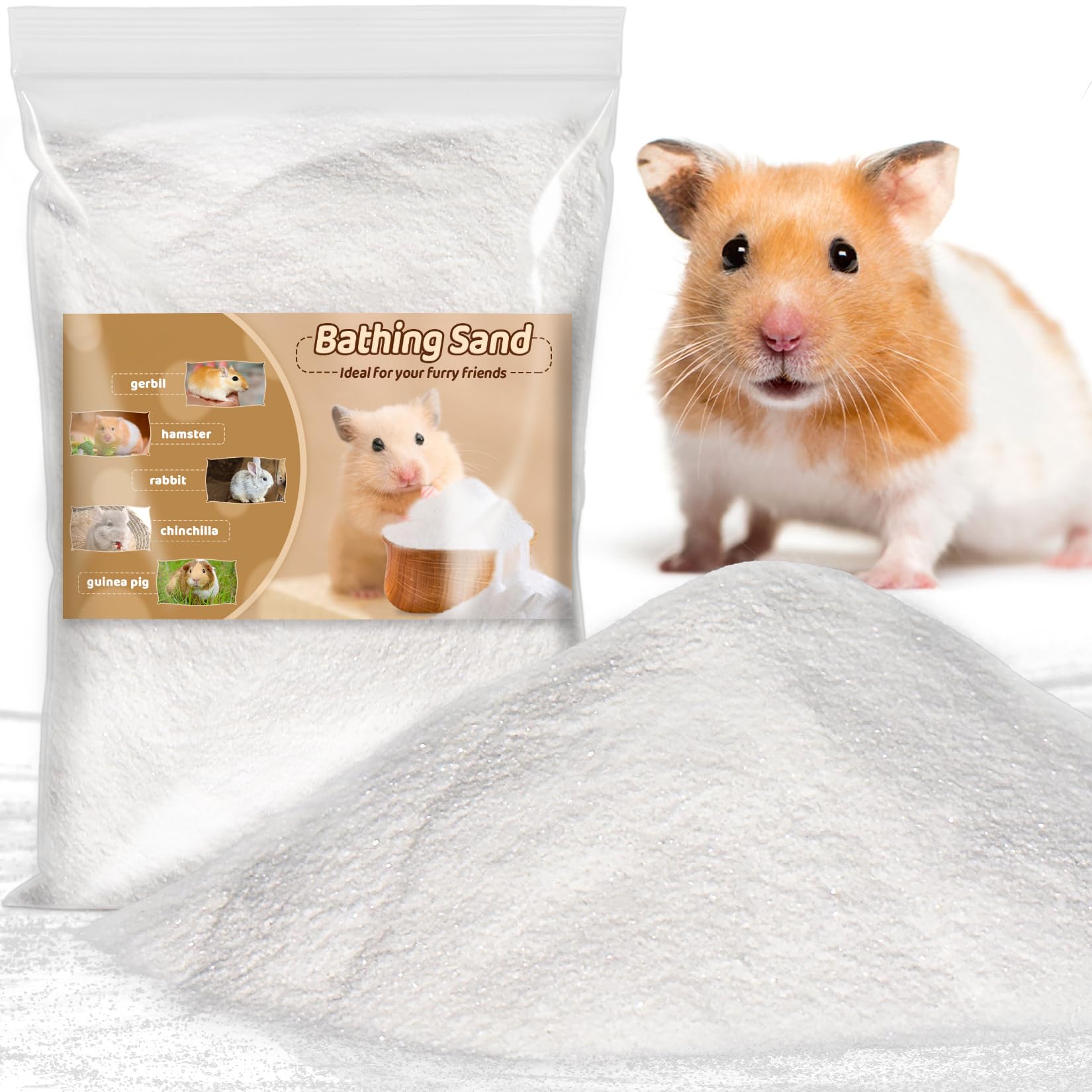 Sukh 47oz hamster sand bath bag shows easy storage and ready to use bath sand.