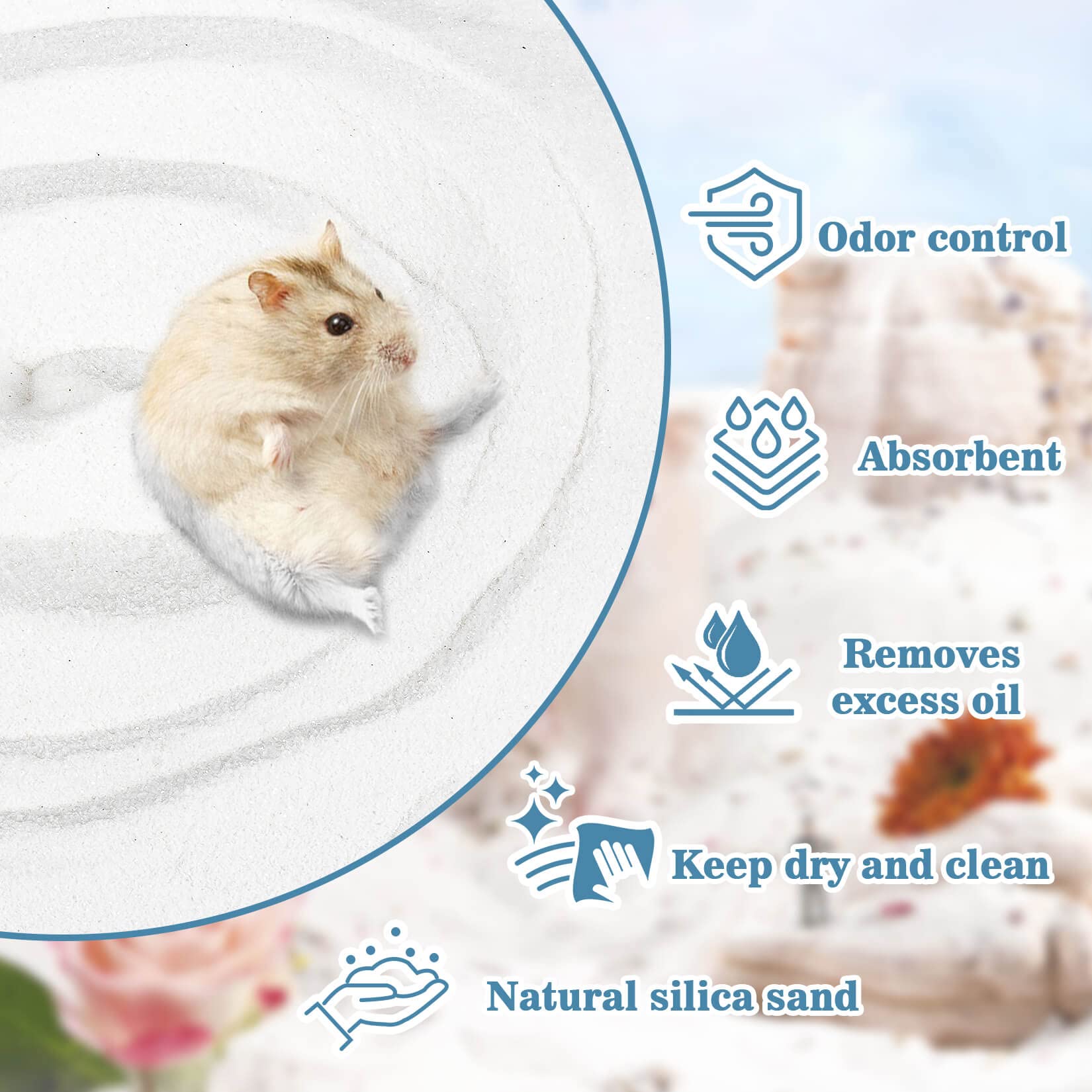 Sukh hamster-enjoying-sand-bath captures a content moment of rolling and grooming.