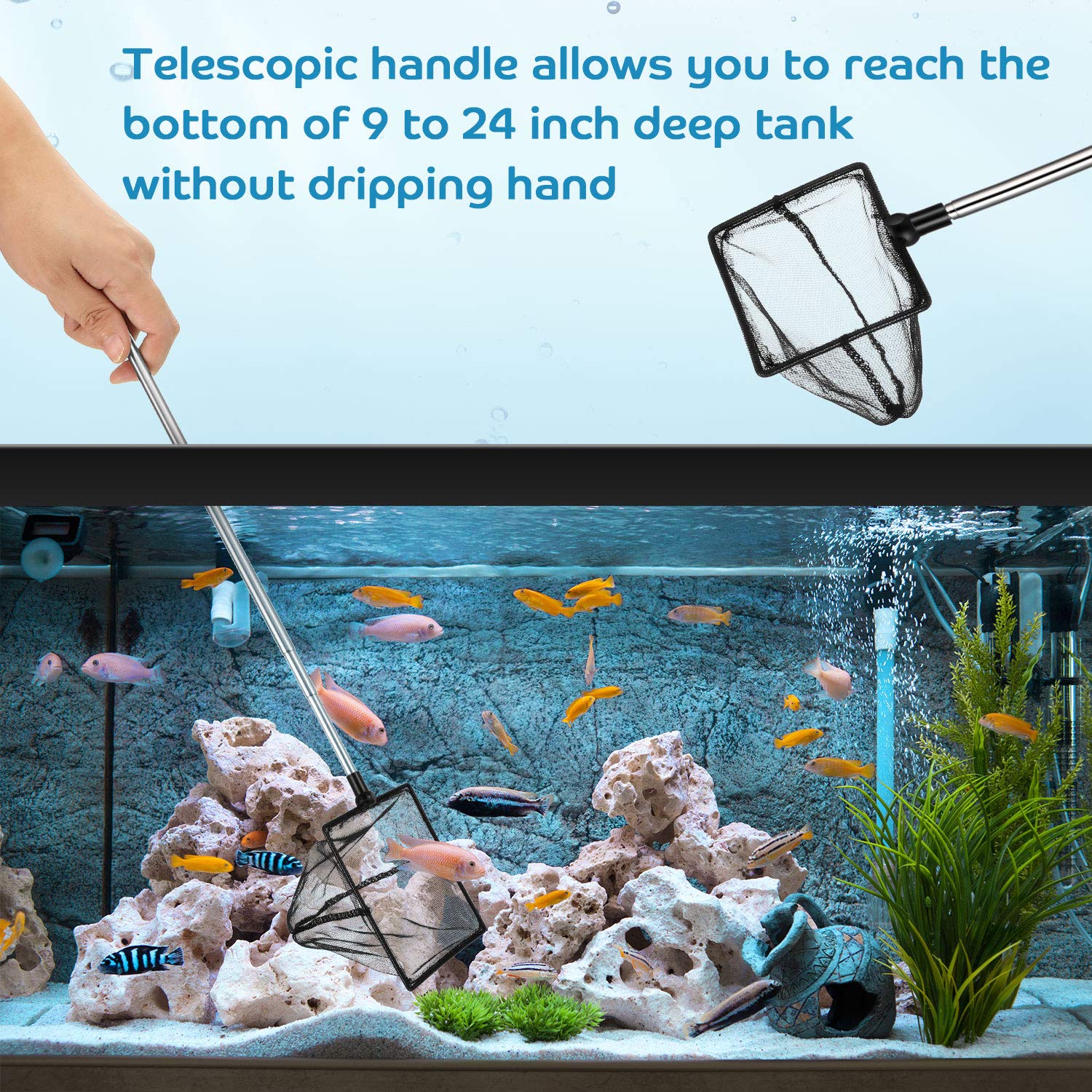 Sumind extendable-handle fish net reaches deep tanks without wet hands.