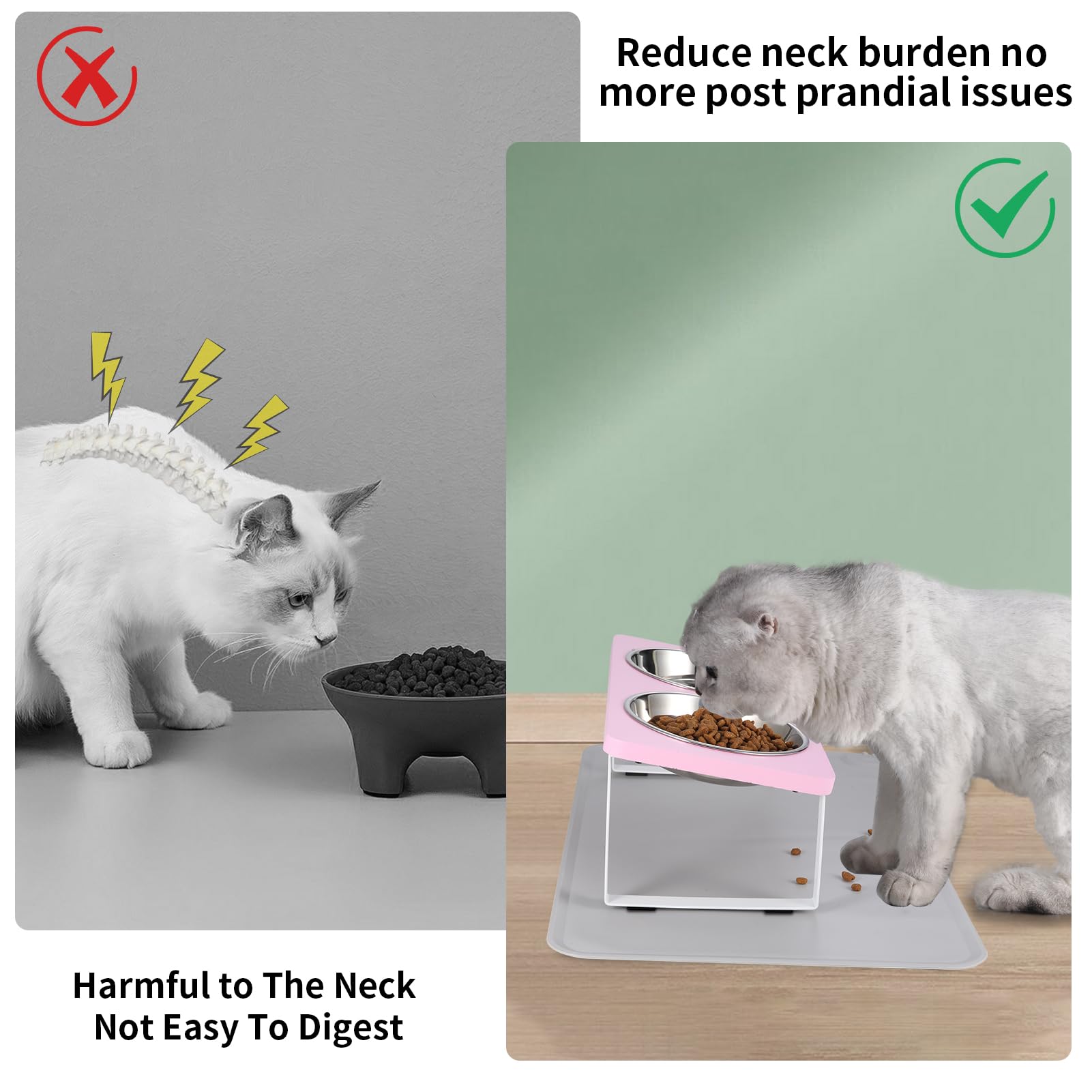 Summark pink elevated bowls with silicone mat prevent spills and keep floors clean.