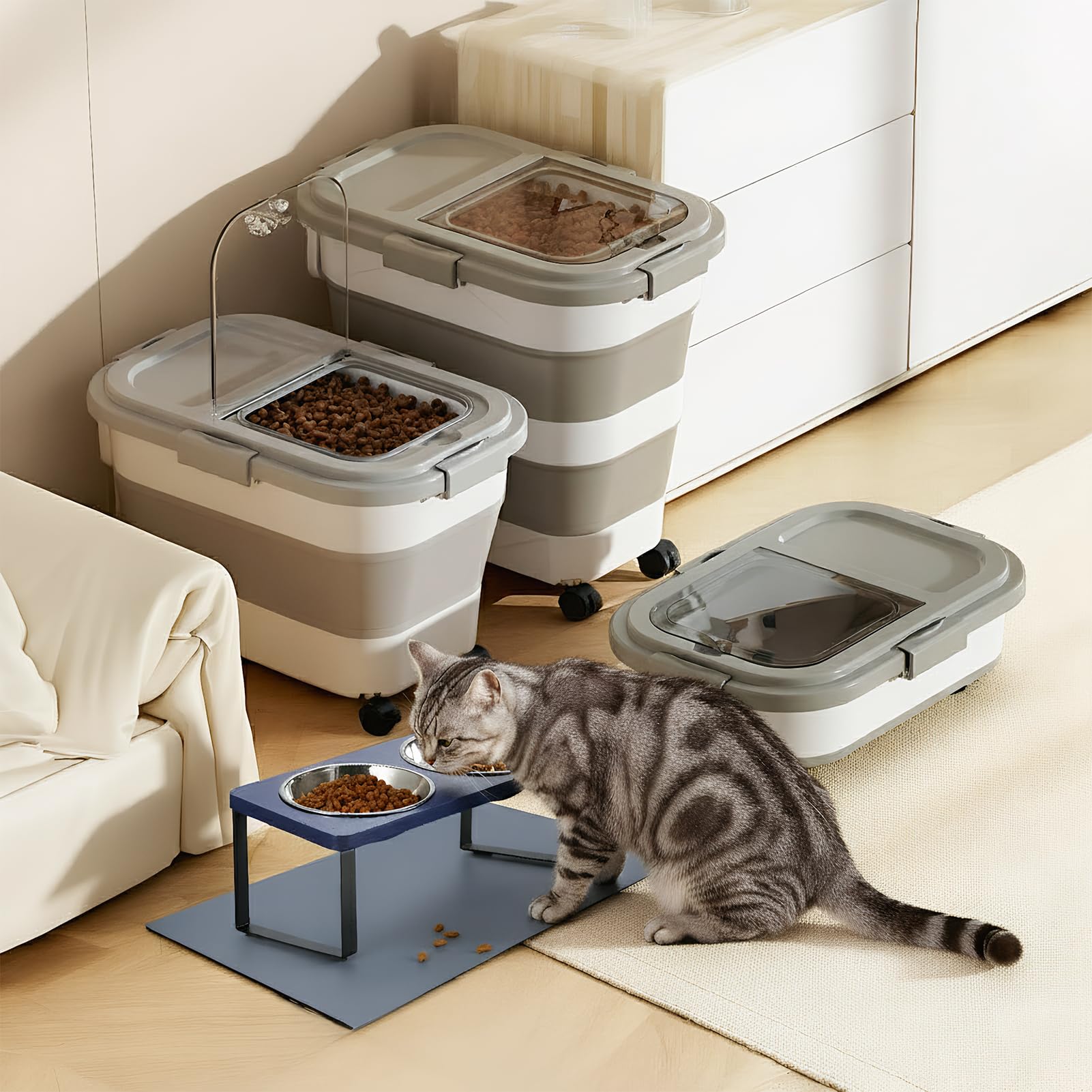 Summark pet food container with rolling wheels for easy mobility