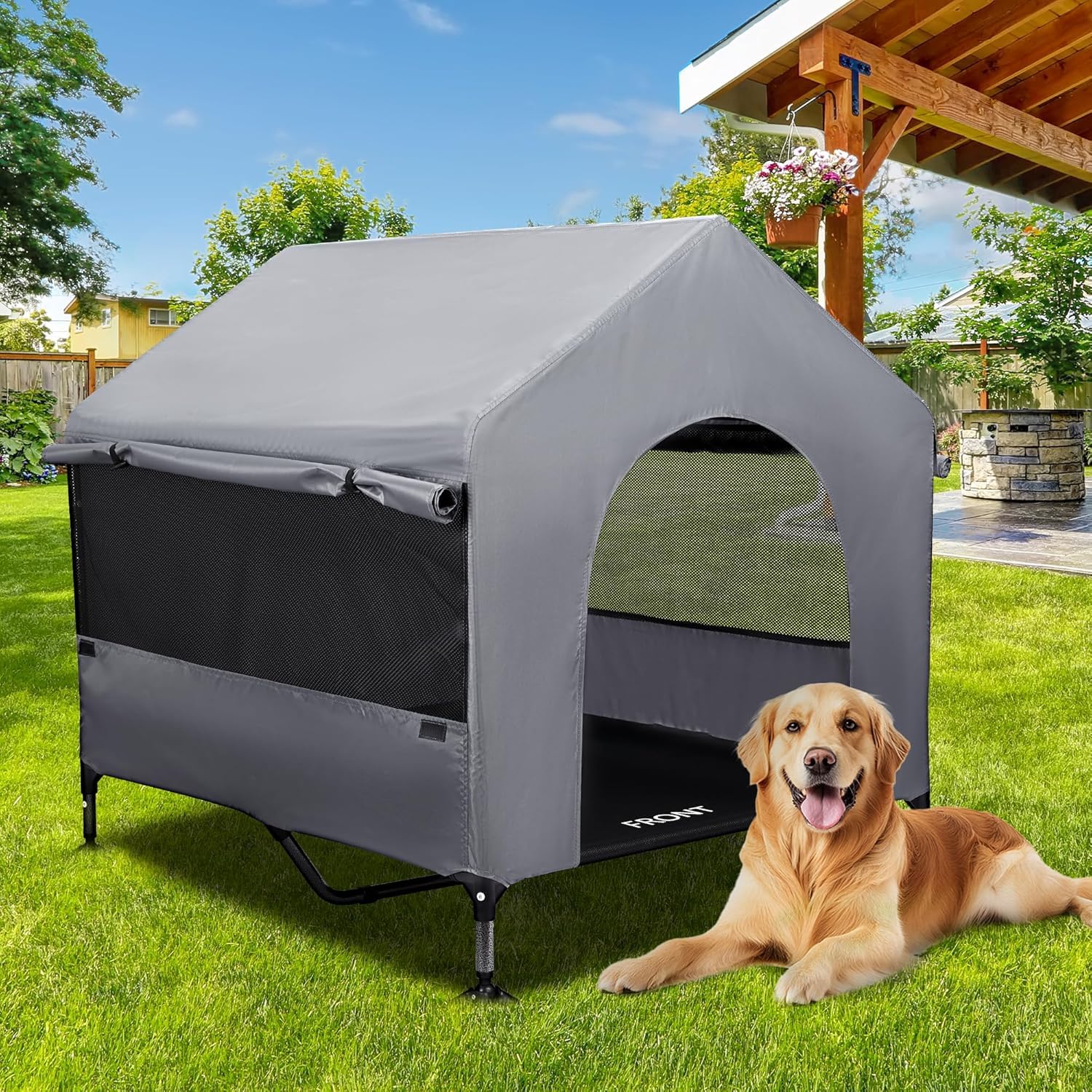 Summertrail 42inch dog house full view with canopy for versatile indoor and outdoor use.