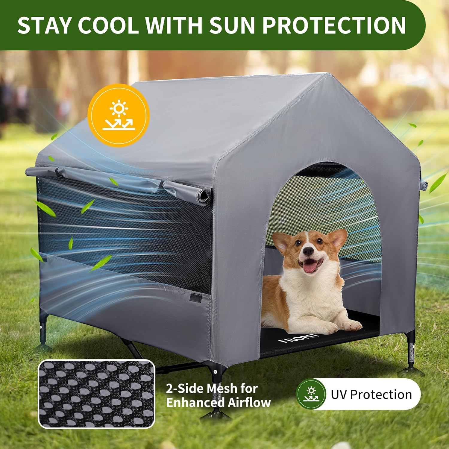 Summertrail elevated dog bed cot interior view showing raised comfort and cozy shade.