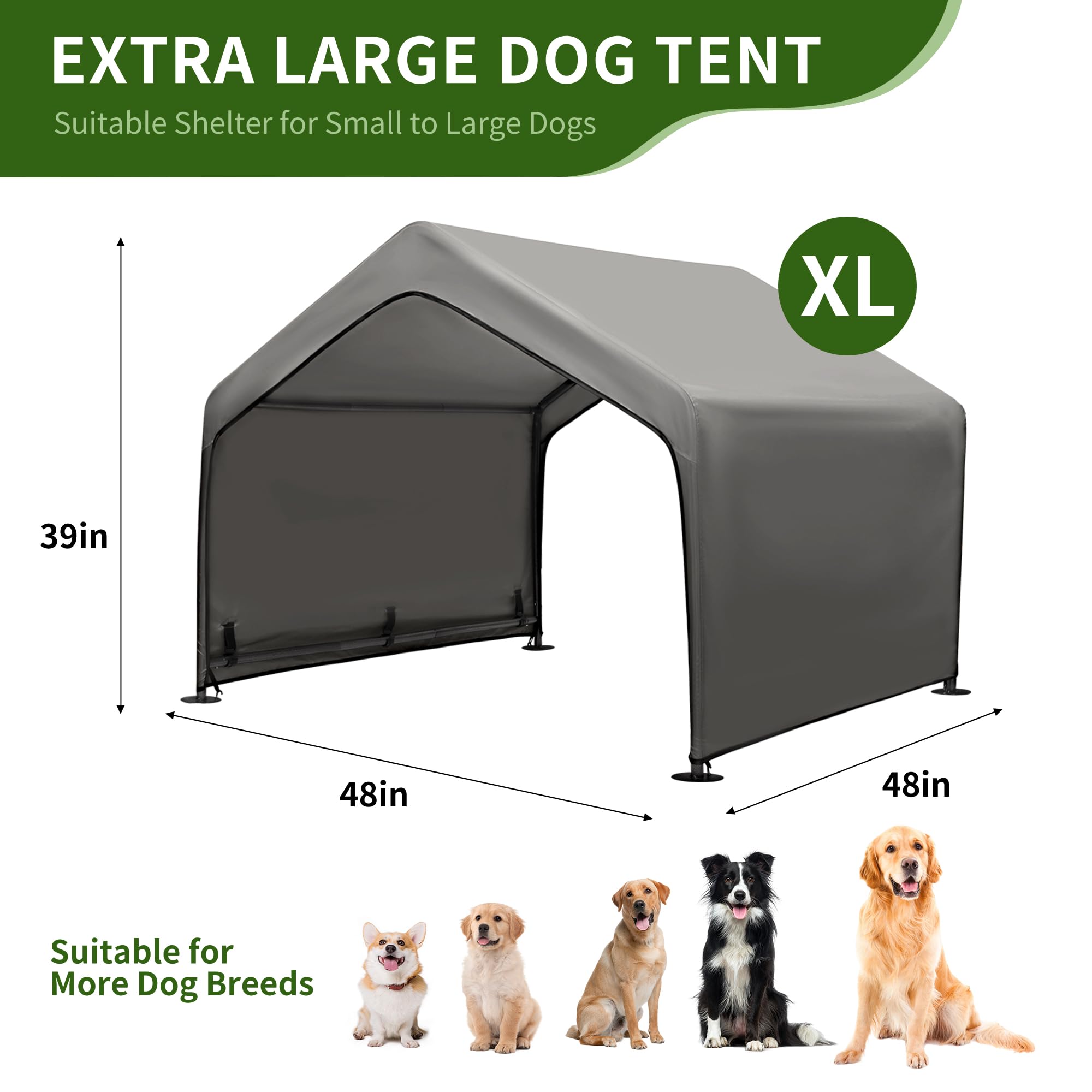 SUMMERTRAIL water resistant dog shelter—protects pets from rain and wind.