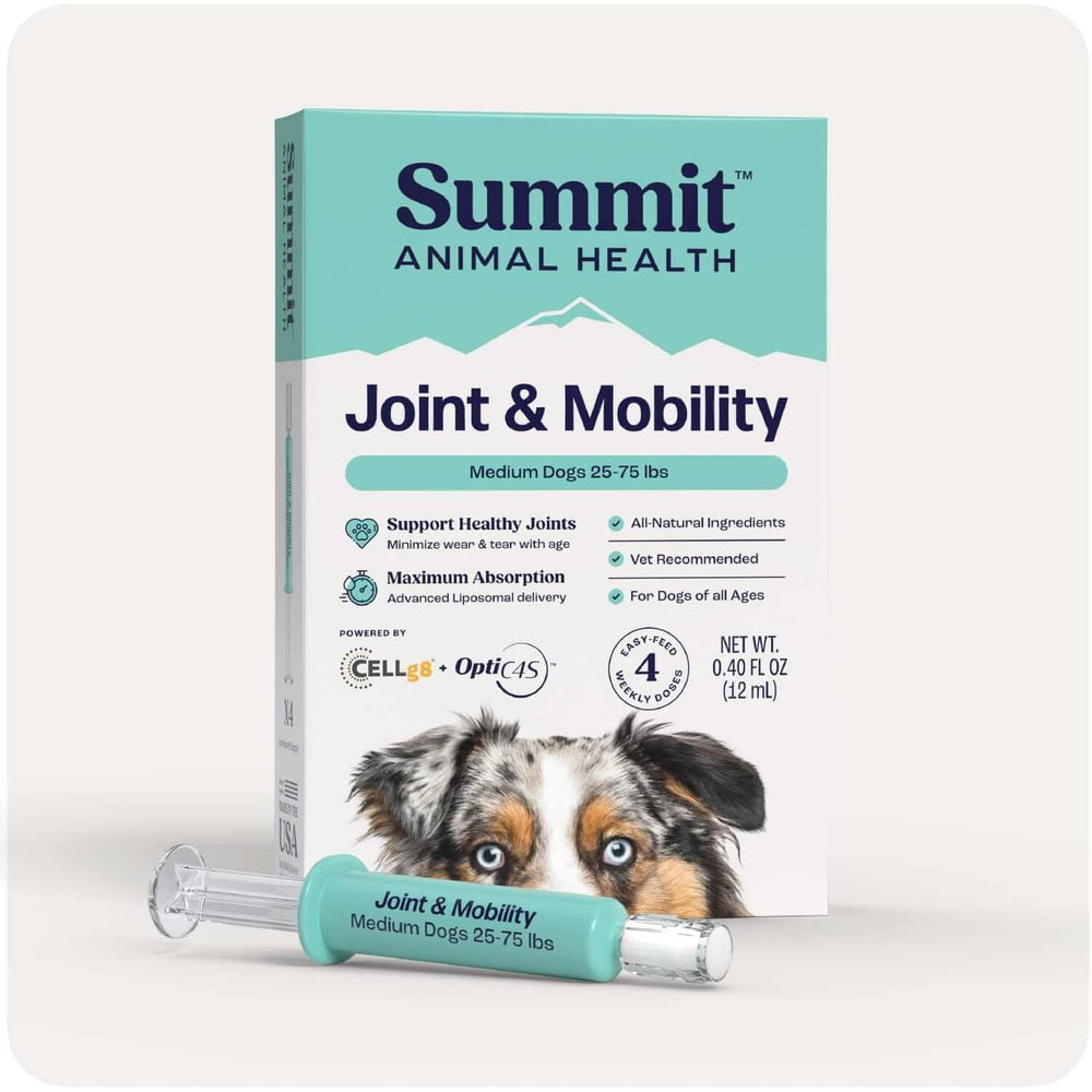 Summit Canine Joint bottle pour demonstrates easy daily dosing for mobility support