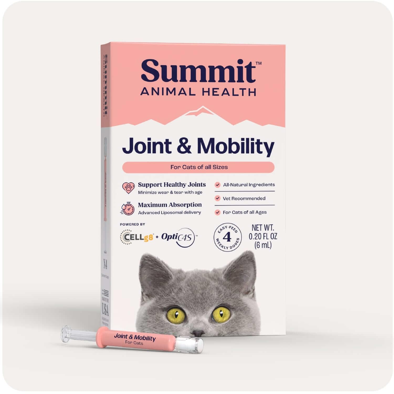 Summit Feline Pain Relief bottle pour demonstrates easy weekly dosing for joint comfort.
