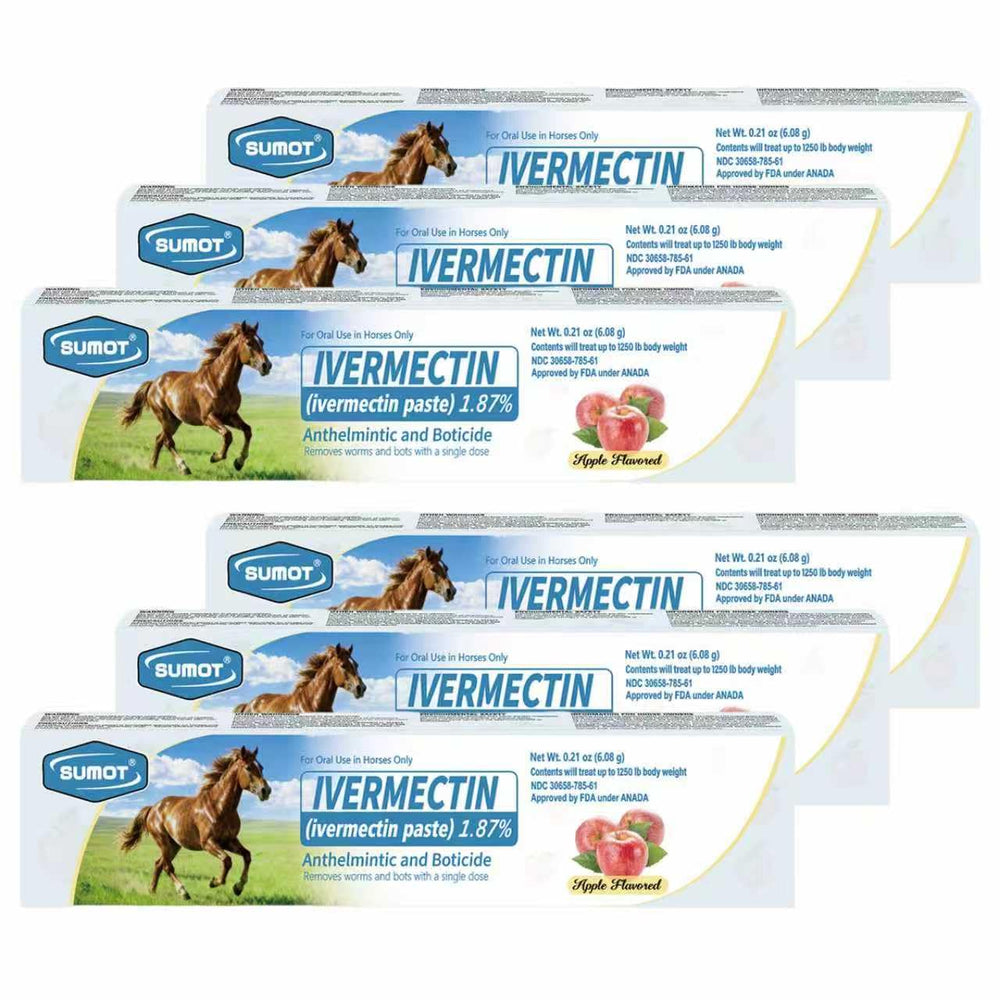 SUMOT 6-pack Ivermectin paste in apple flavor packaging for horses.