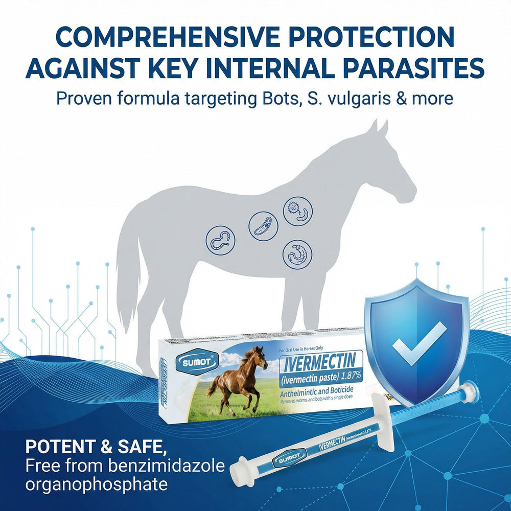 Apple-flavored SUMOT paste facilitates easier administration for horses.