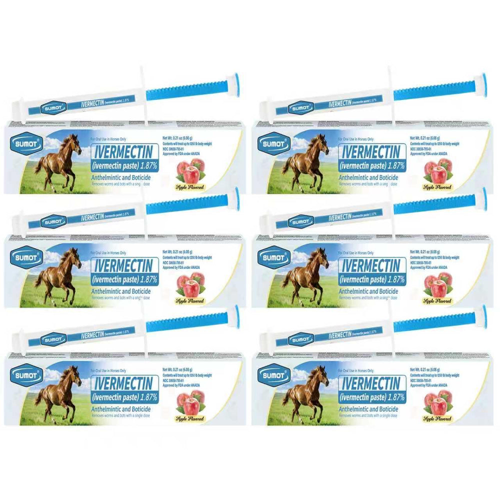 SUMOT Ivermectin horse paste apple flavored 6-pack packaging shown for easy dosing at the stable.