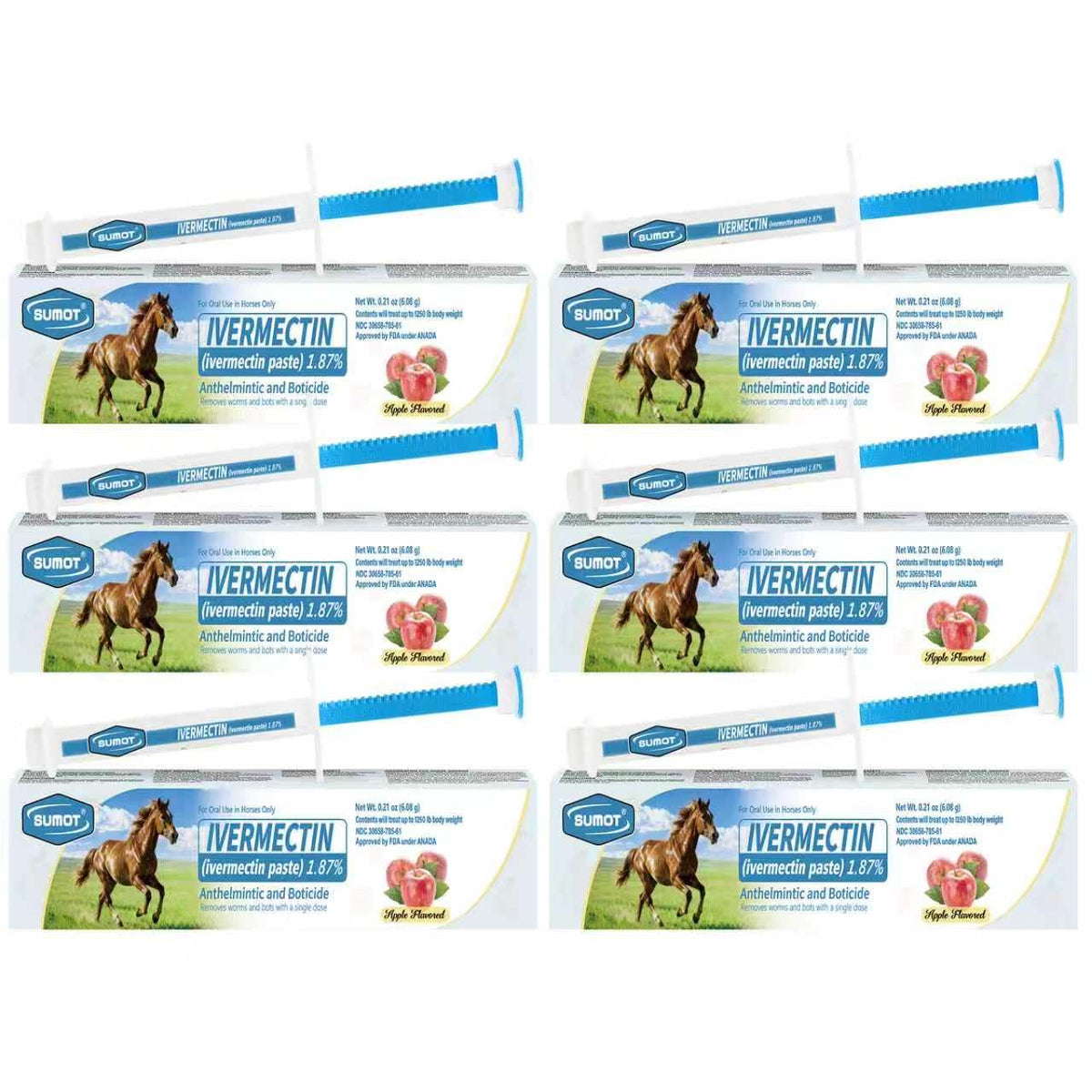 SUMOT Ivermectin horse paste apple flavored 6-pack packaging shown for easy dosing at the stable.