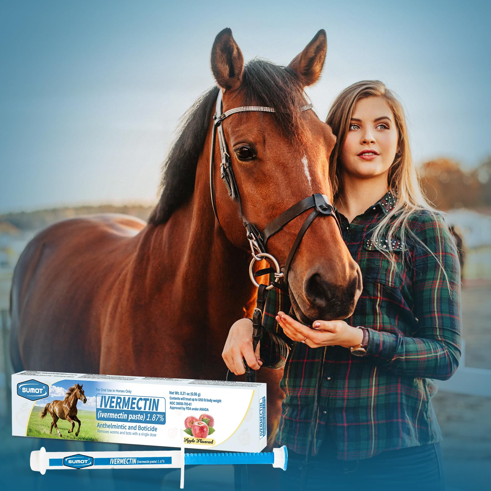 SUMOT Ivermectin horse paste syringe with apple flavor label, highlighting precise dosing.