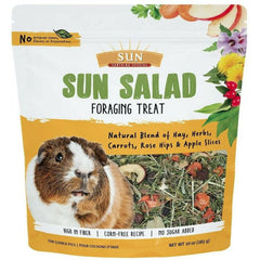 Sun Seed Vita Prima Sun Salad ingredients close-up showing timothy hay and carrots for fiber-rich feeding.