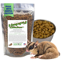 Suncoast Sugar Gliders Happy Glider food bag close-up shows premium pellets for balanced nutrition