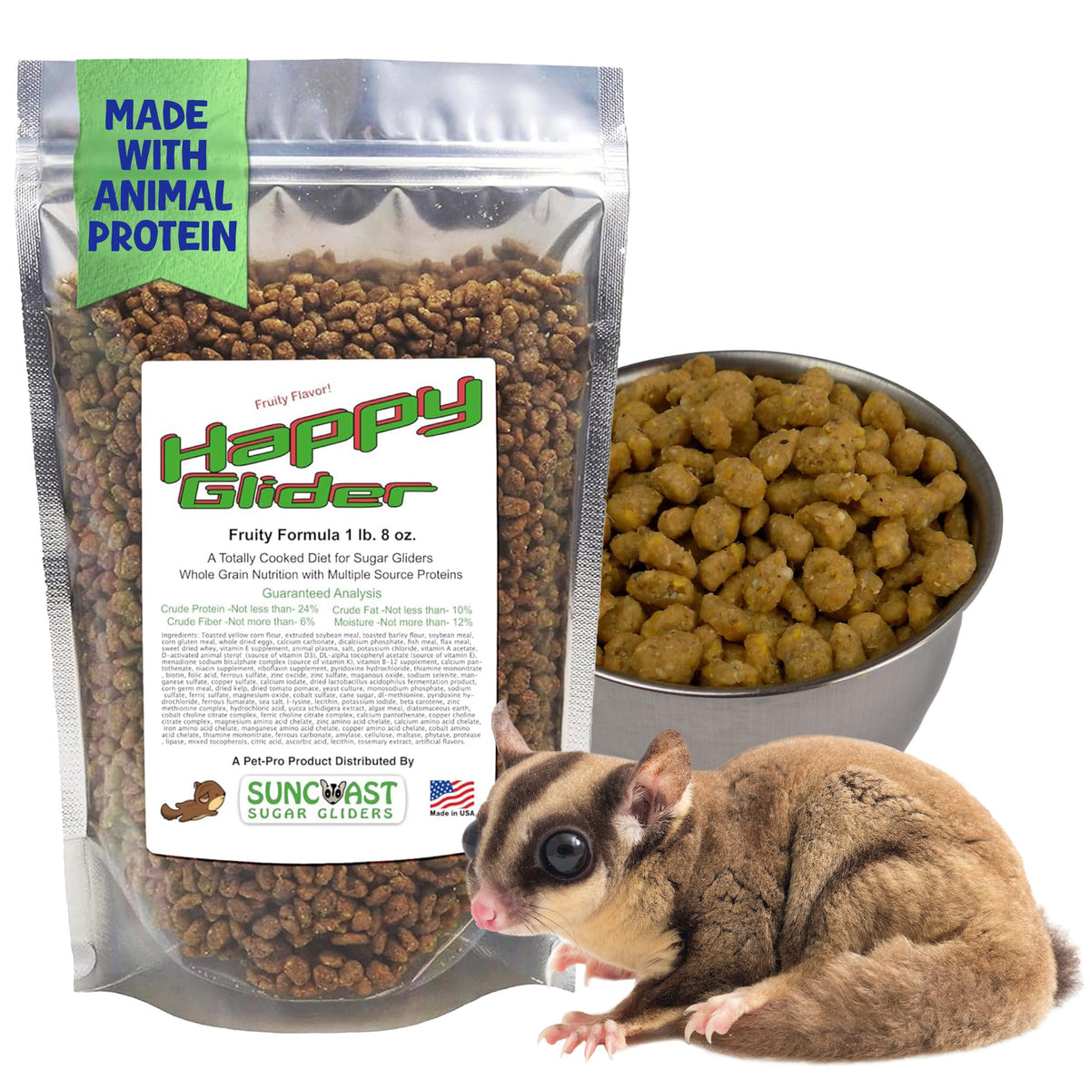 Suncoast Happy Glider Food bag showing complete daily nutrition for sugar gliders