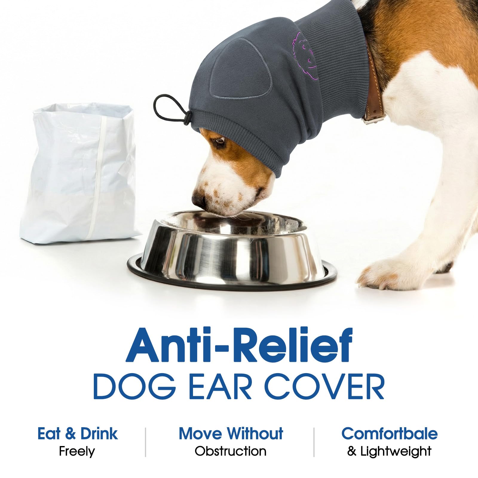 SUNFURA adjustable dog ear wrap shown on a dog for travel comfort