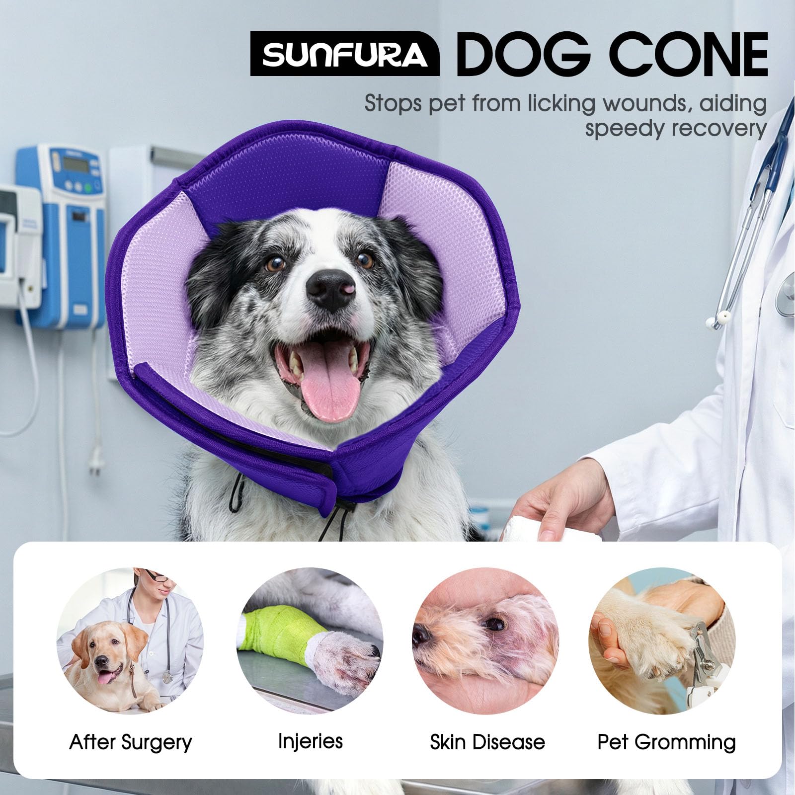 SUNFURA Dog Cone adjustable-drawstring neck fit for secure, personalized comfort