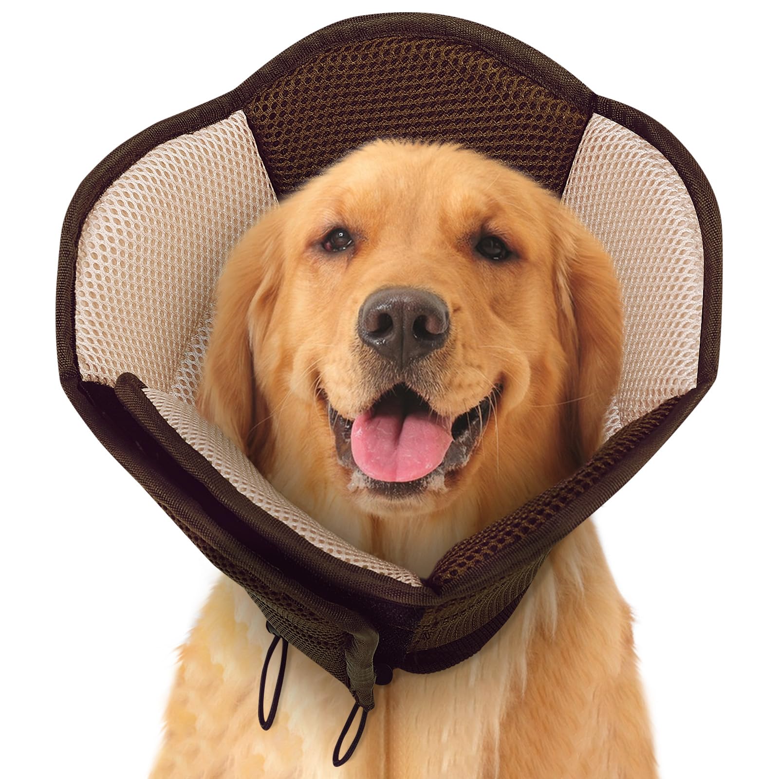 SUNFURA dog cone closeup shows breathable brown mesh for comfortable recovery