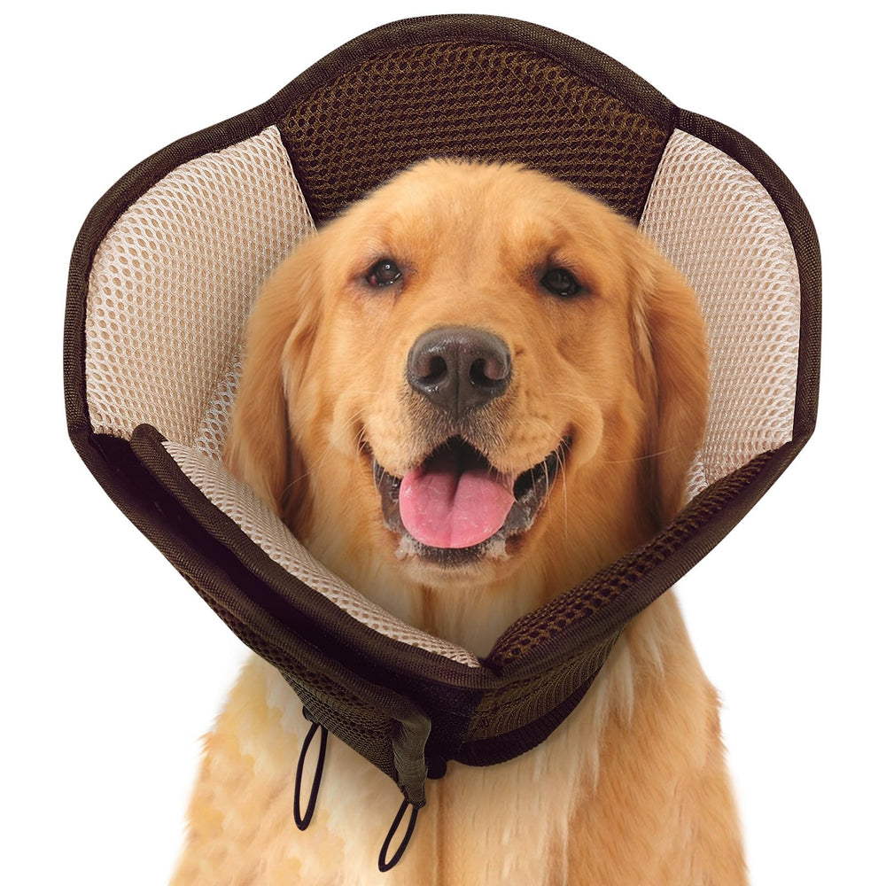 SUNFURA dog cone closeup shows breathable brown mesh for comfortable recovery