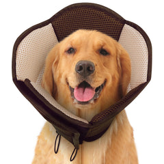 SUNFURA dog cone closeup shows breathable brown mesh for comfortable recovery