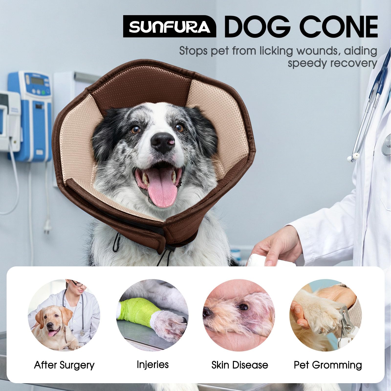 SUNFURA dog cone on a dog demonstrates adjustable fit and protection