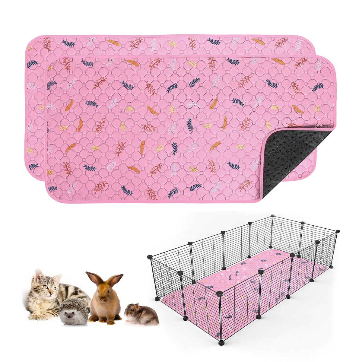 Sunheir guinea pig pee pad pink flatlay showing reusable, absorbent bedding option.