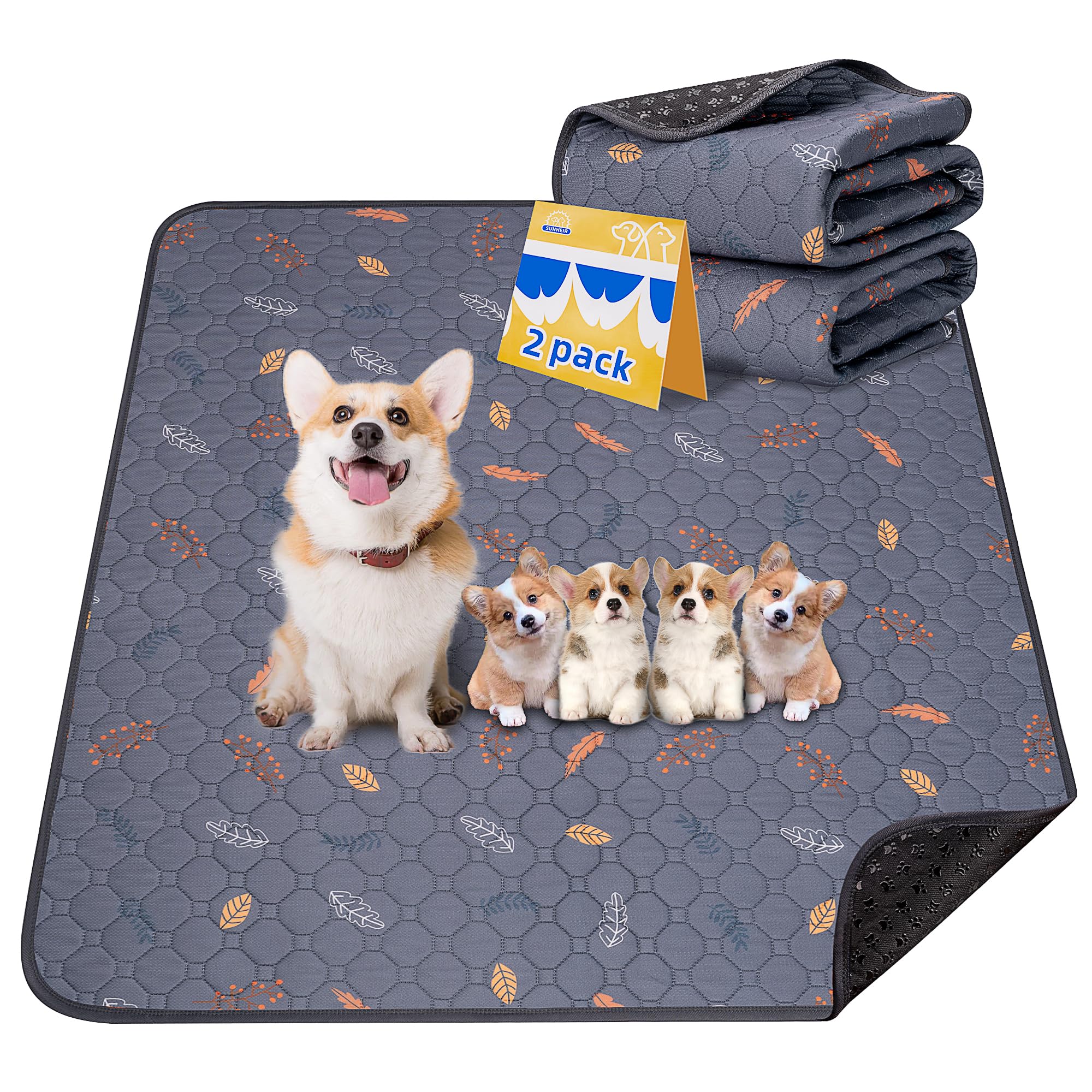 Sunheir washable pee pads 2-pack in flat lay for leak-proof floor protection.