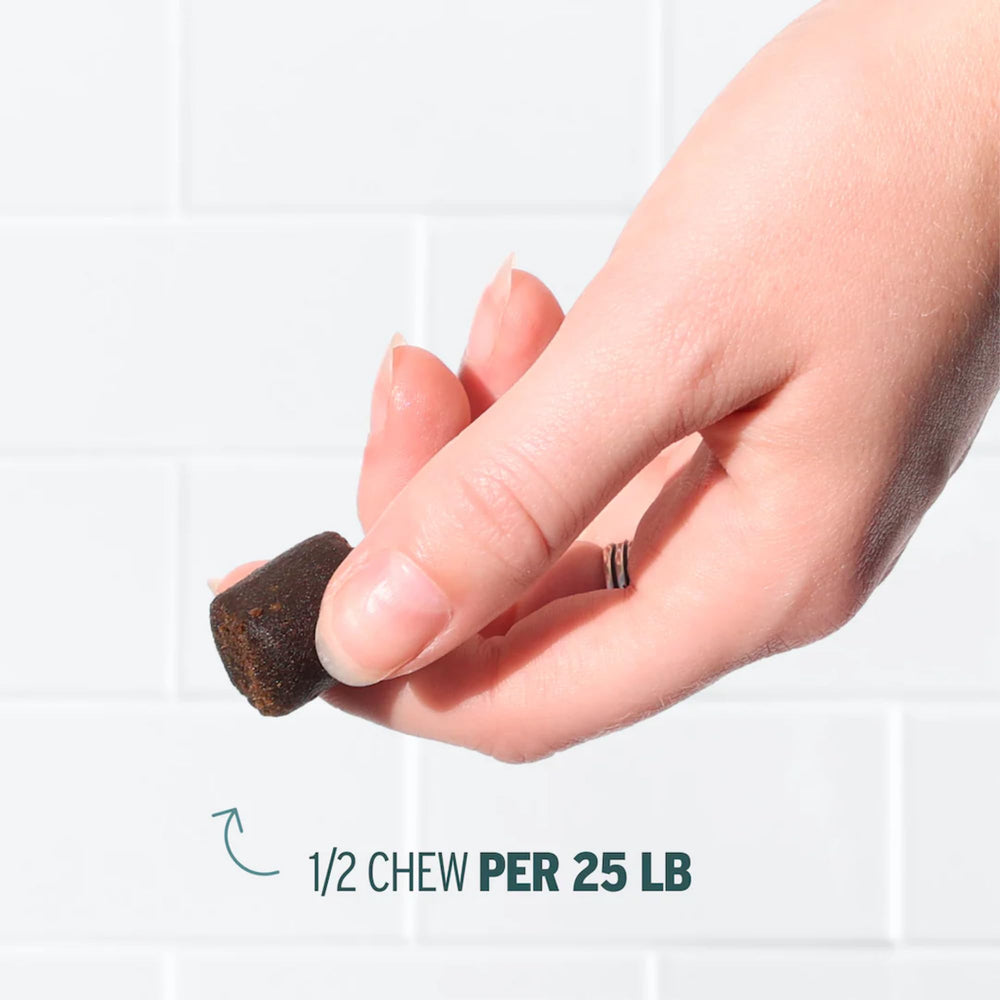 Dog enjoying Sunmed Movin' Easy chews with beef liver flavor.