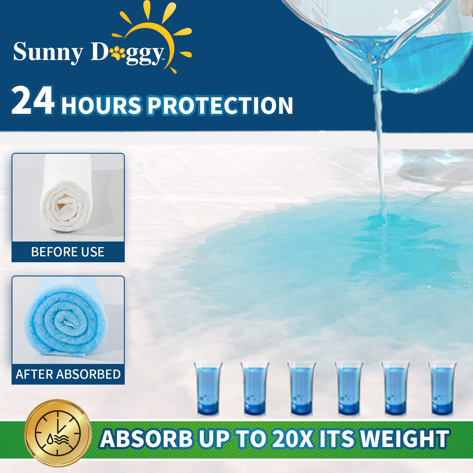 Sunny Doggy pads leak-proof film keeps floors protected during use.