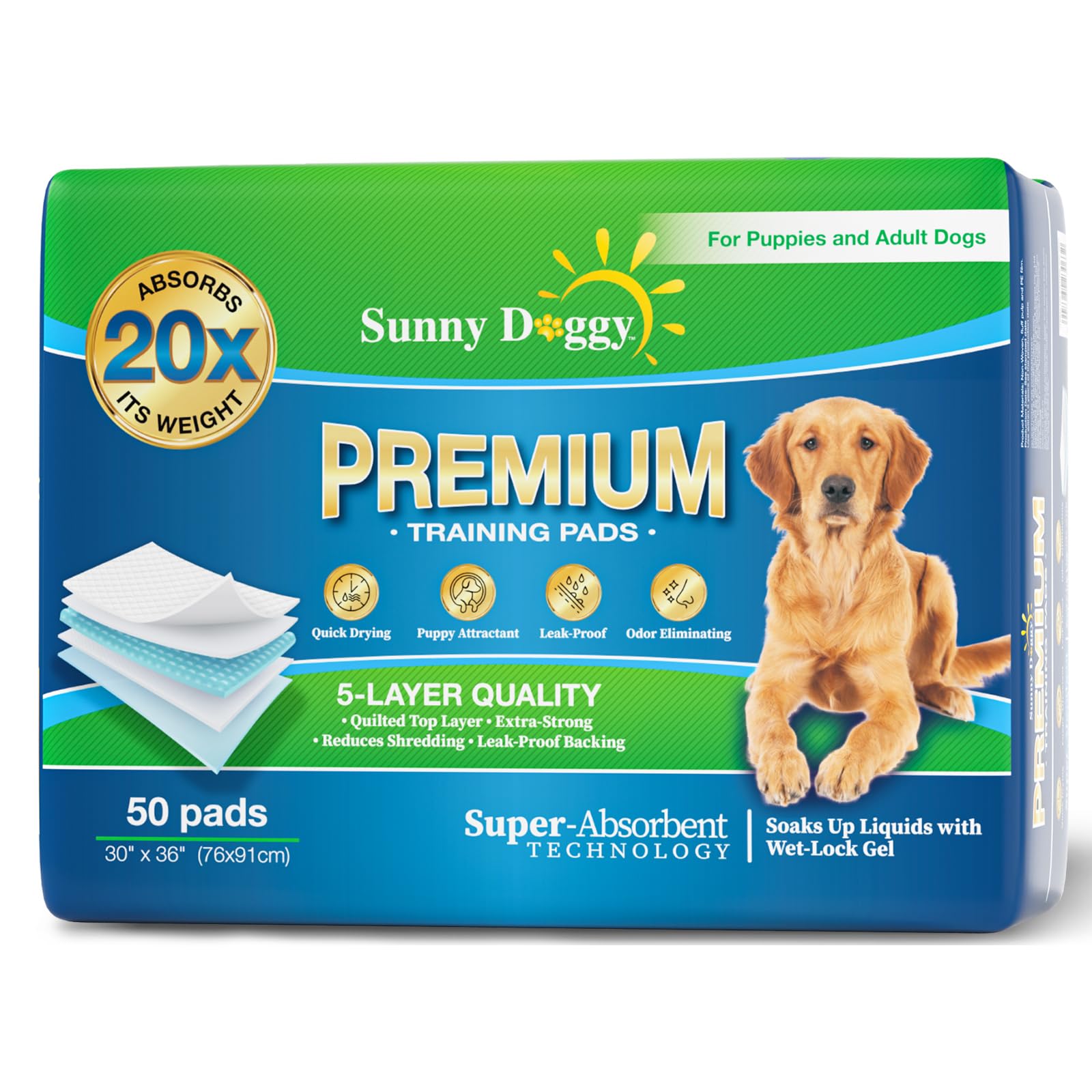 Sunny Doggy pee pads packaging box demonstrates easy storage and bulk purchasing.