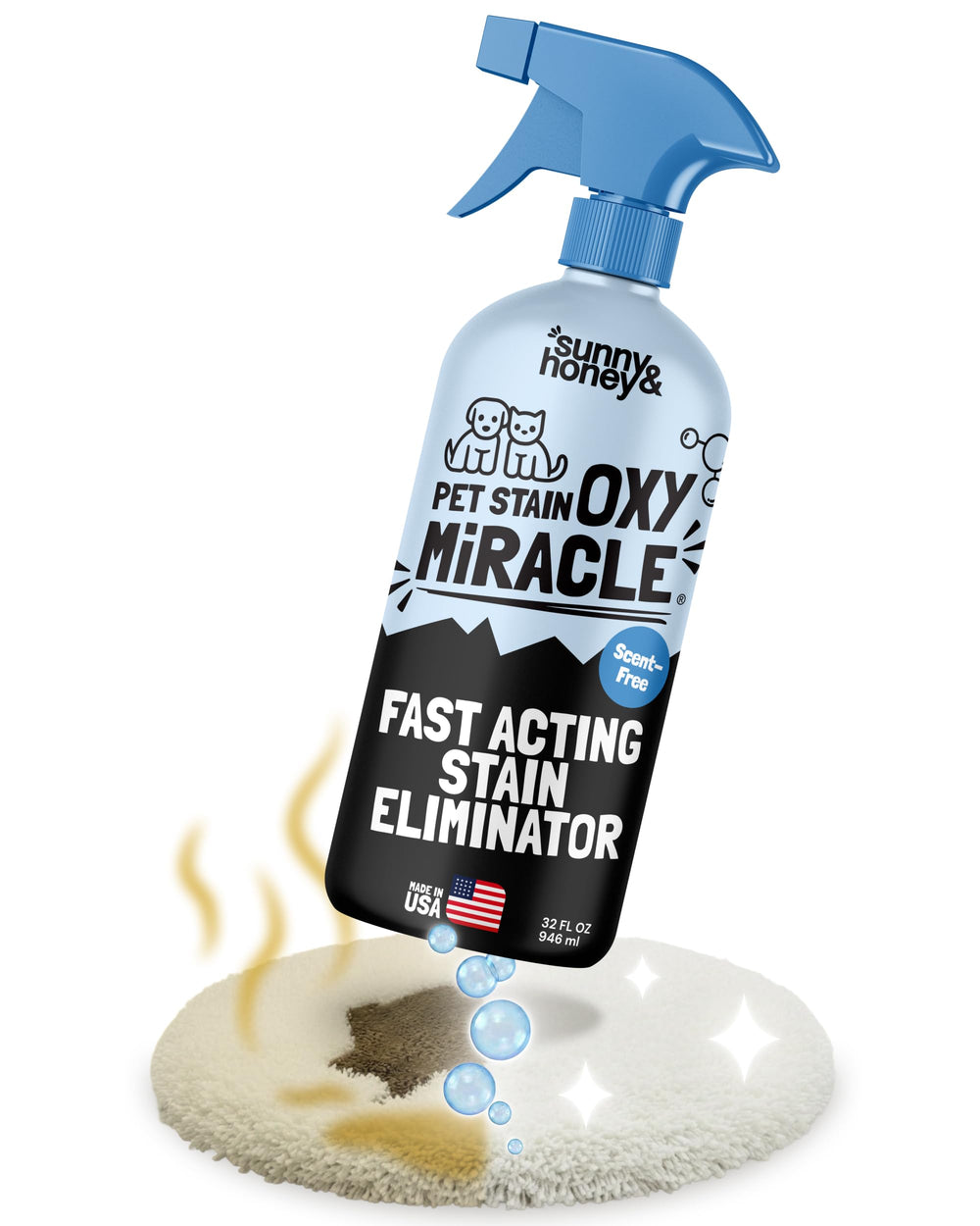 Sunny & Honey Oxy Pet spray bottle ready for quick mess cleanup.