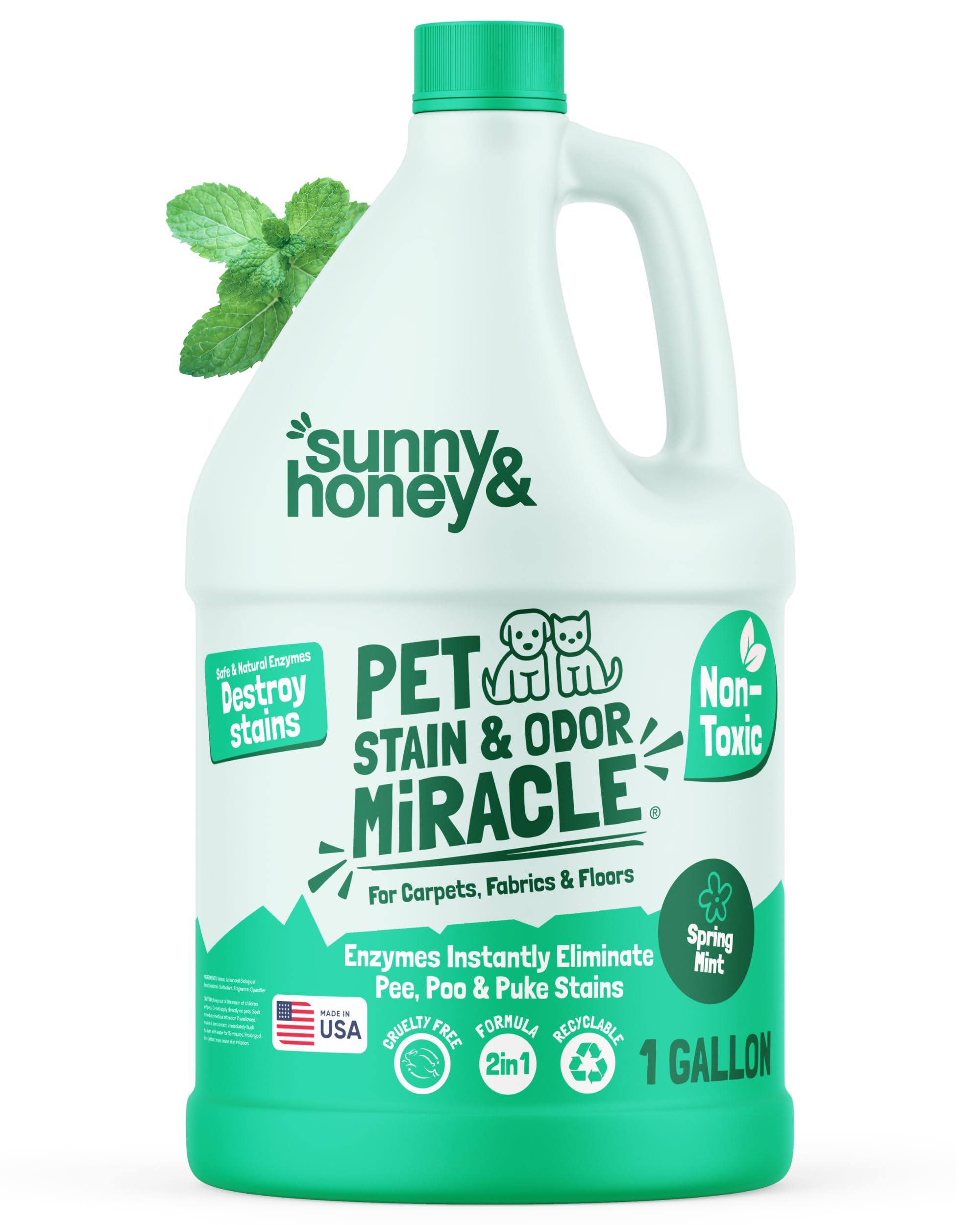 Sunny & Honey pet stain remover bottle with mint scent for quick cleanups