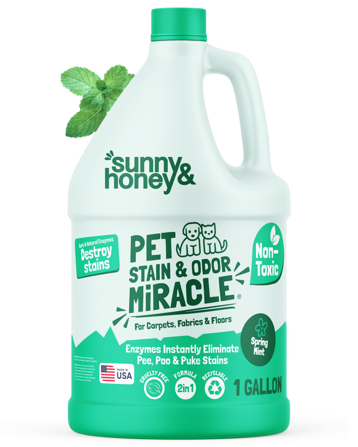 Sunny & Honey pet stain remover bottle with mint scent for quick cleanups