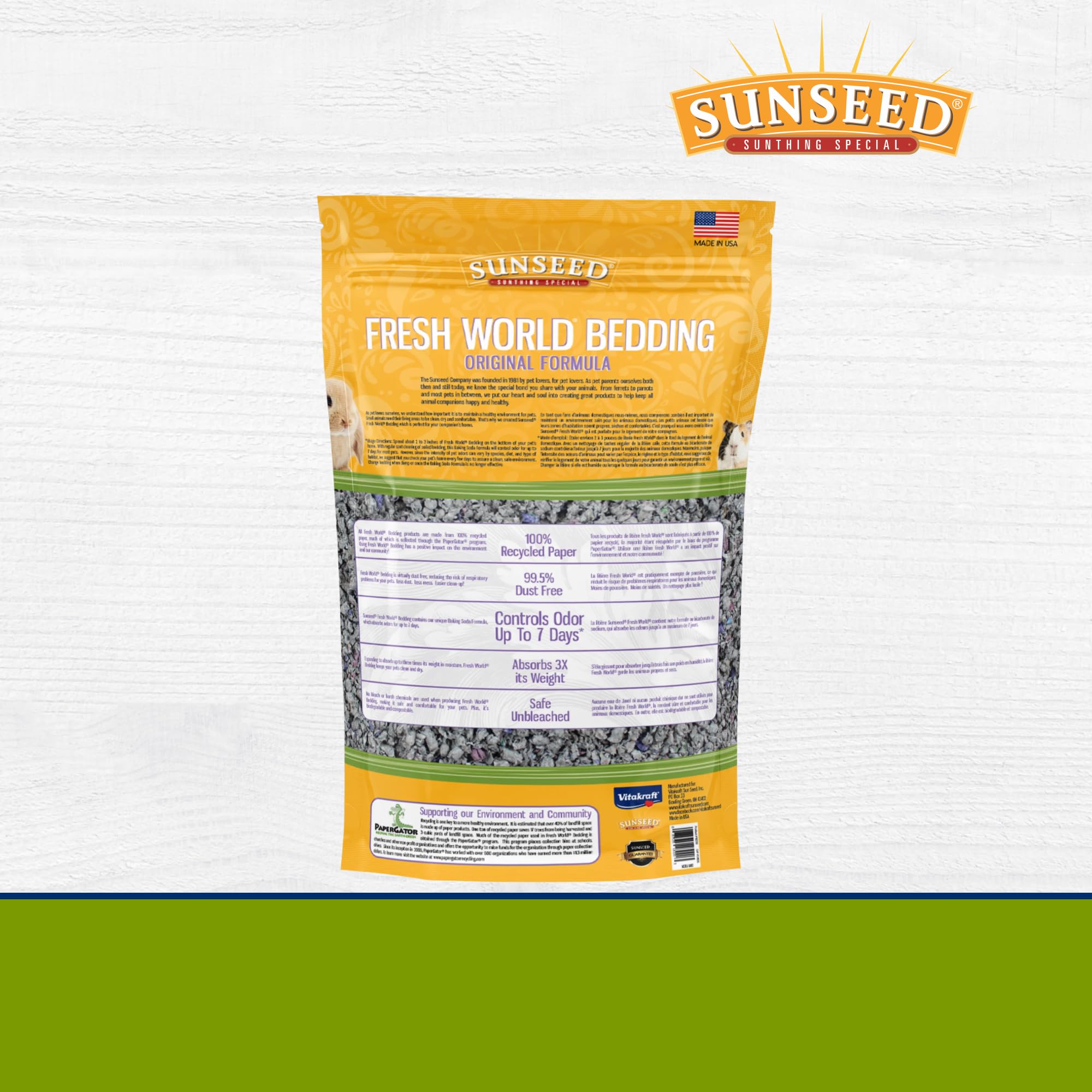 Sunseed Fresh World Bedding Grey 450cuin USA-made label indicates domestic production.
