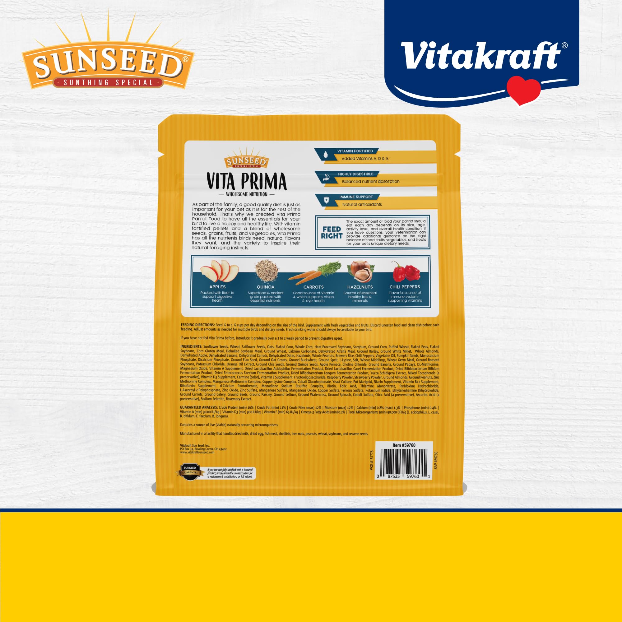 Sunseed Vita Prima antioxidants in mix hint at immune-support benefits.