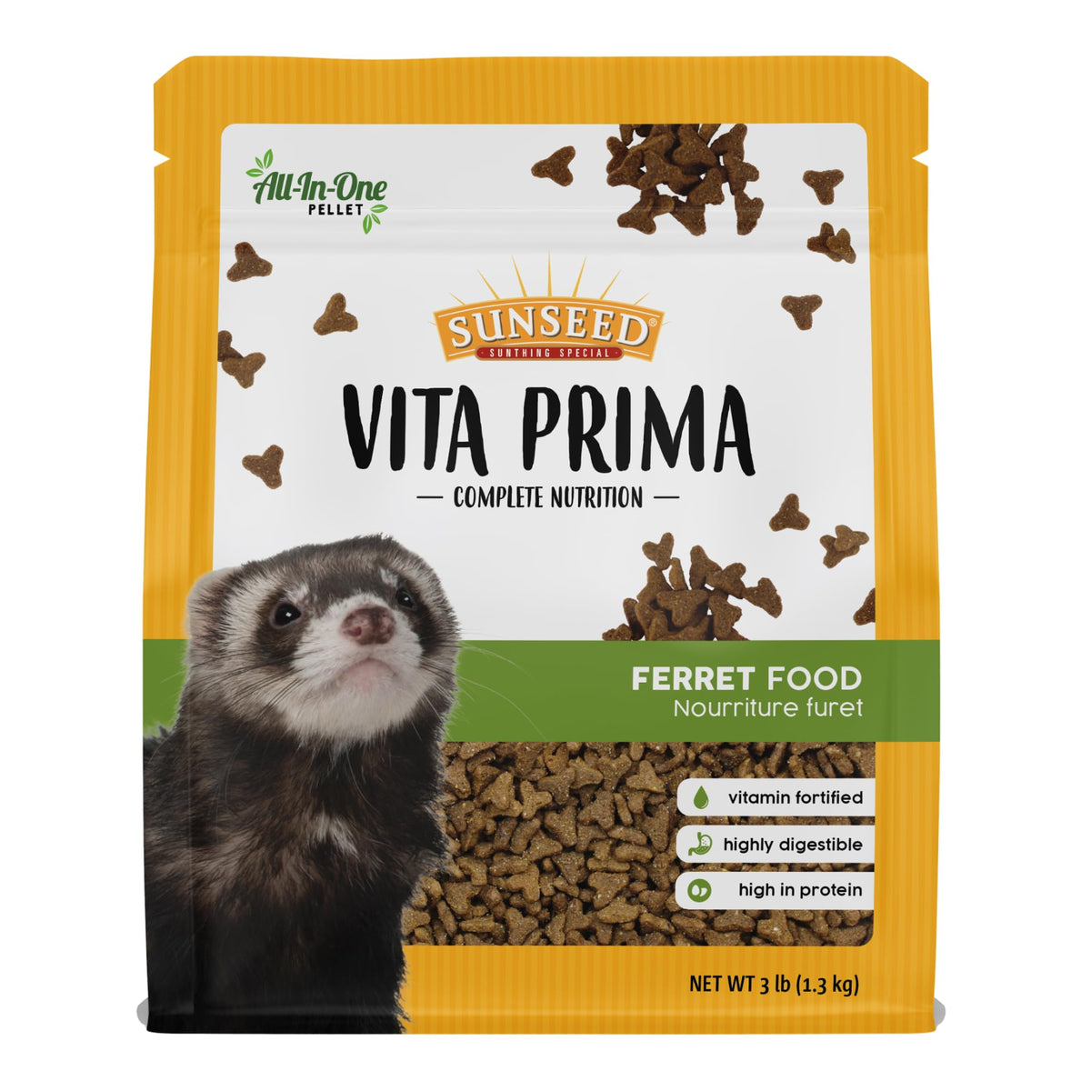 Sunseed Vita Prima ferret food bag close-up with resealable lid for freshness