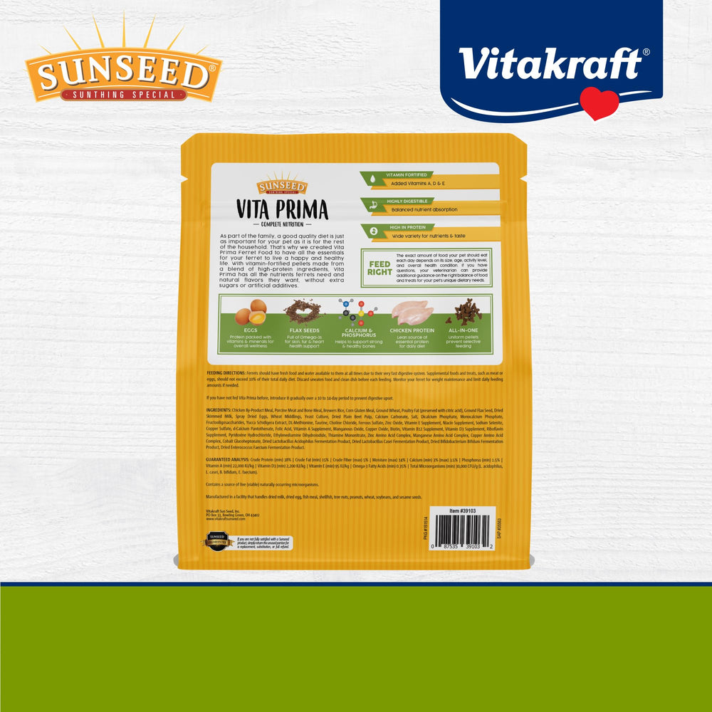 Sunseed Vita Prima ferret food in a 3 lb resealable bag