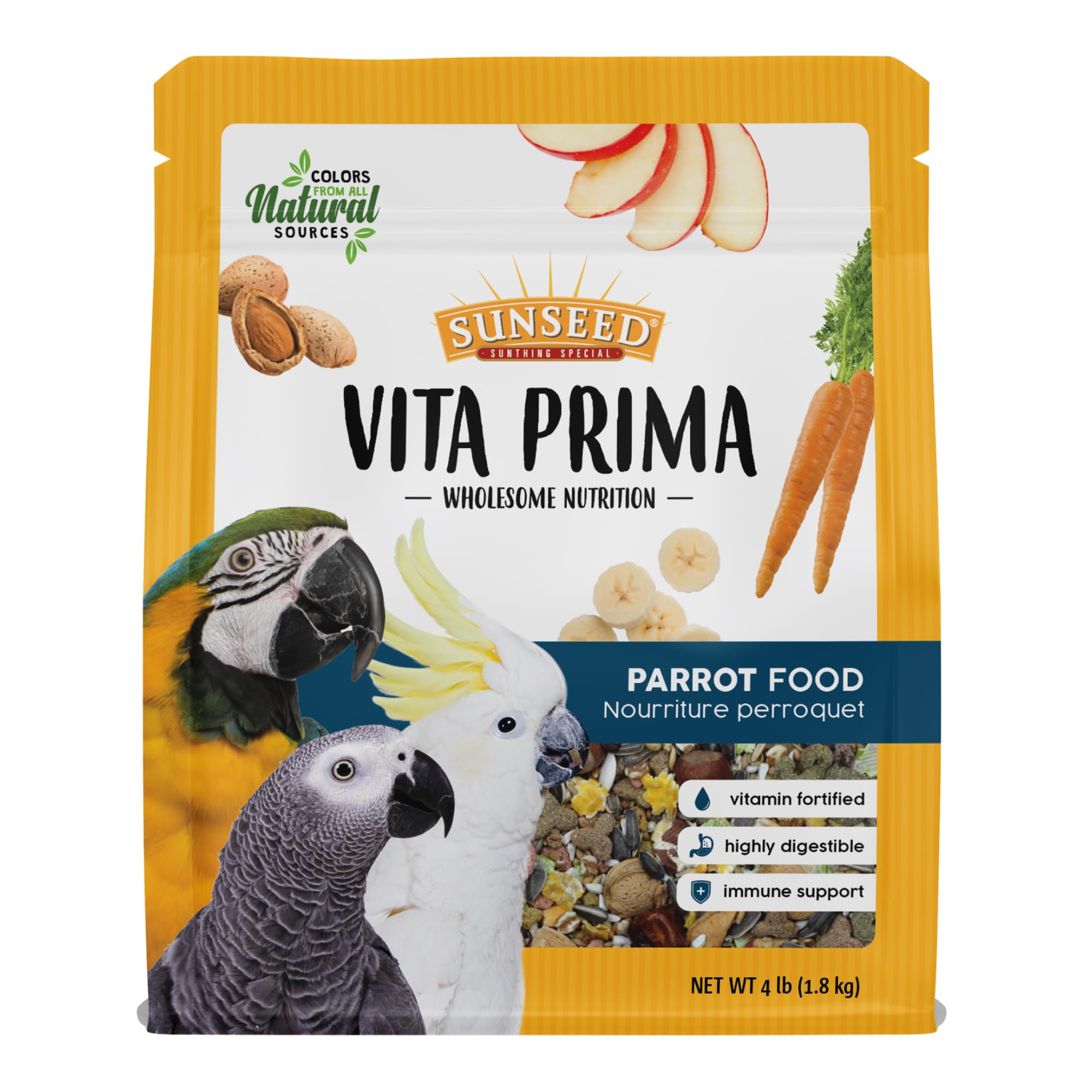 Sunseed Vita Prima pellets in a bowl provide balanced parrot nutrition.