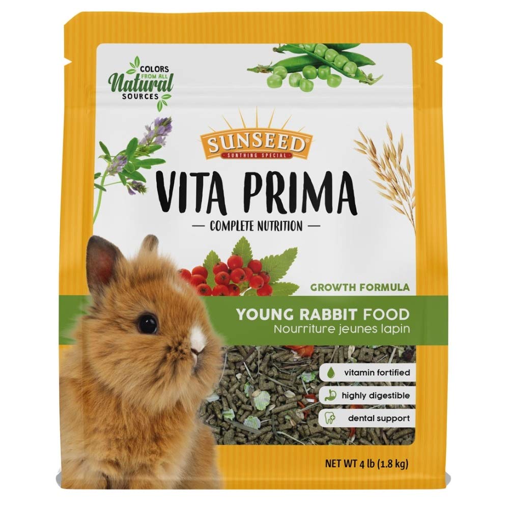 Sunseed Vita Prima Young Rabbit Food bowl with timothy hay blend supports growing rabbits