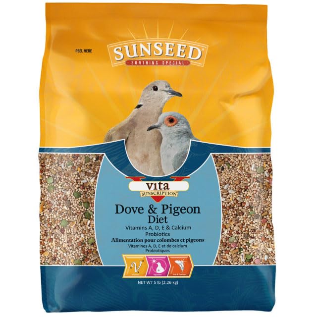 Sunseed Vita Sunscript 5lb bag highlighting fortified nutrition for doves and pigeons.