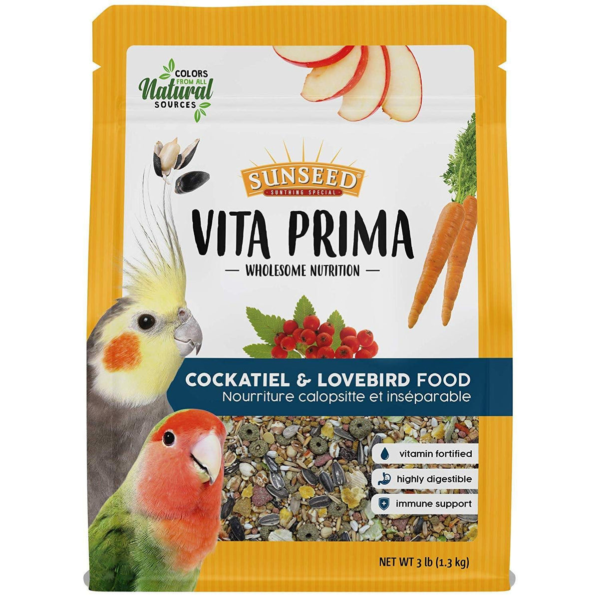 Sunseed Vita Prima bag front view promotes balanced daily nutrition for cockatiels and lovebirds.