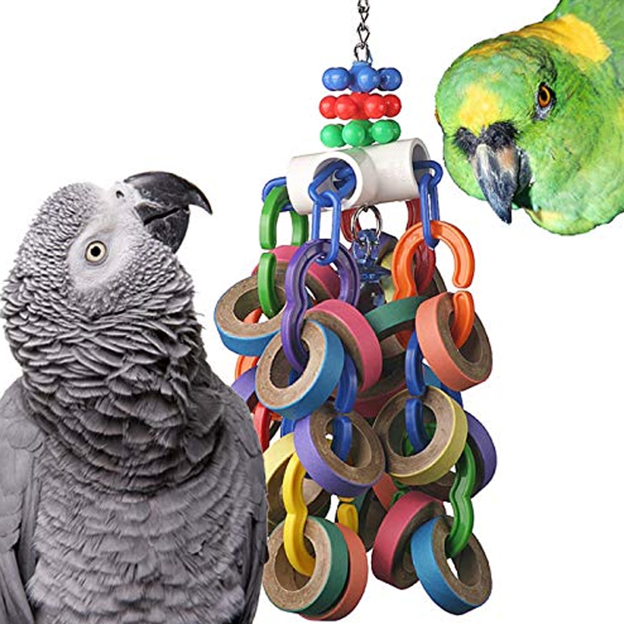 Super Bird Creations SB1107 Bagel Cascade toy assembly encourages chewing and active play for large parrots.