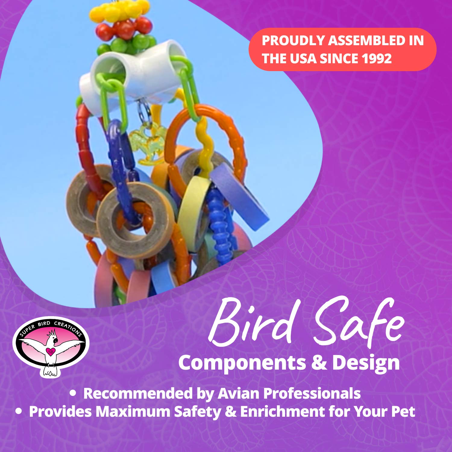 Super Bird Creations SB1107 bird toy in cage offers safe enrichment during daily play.