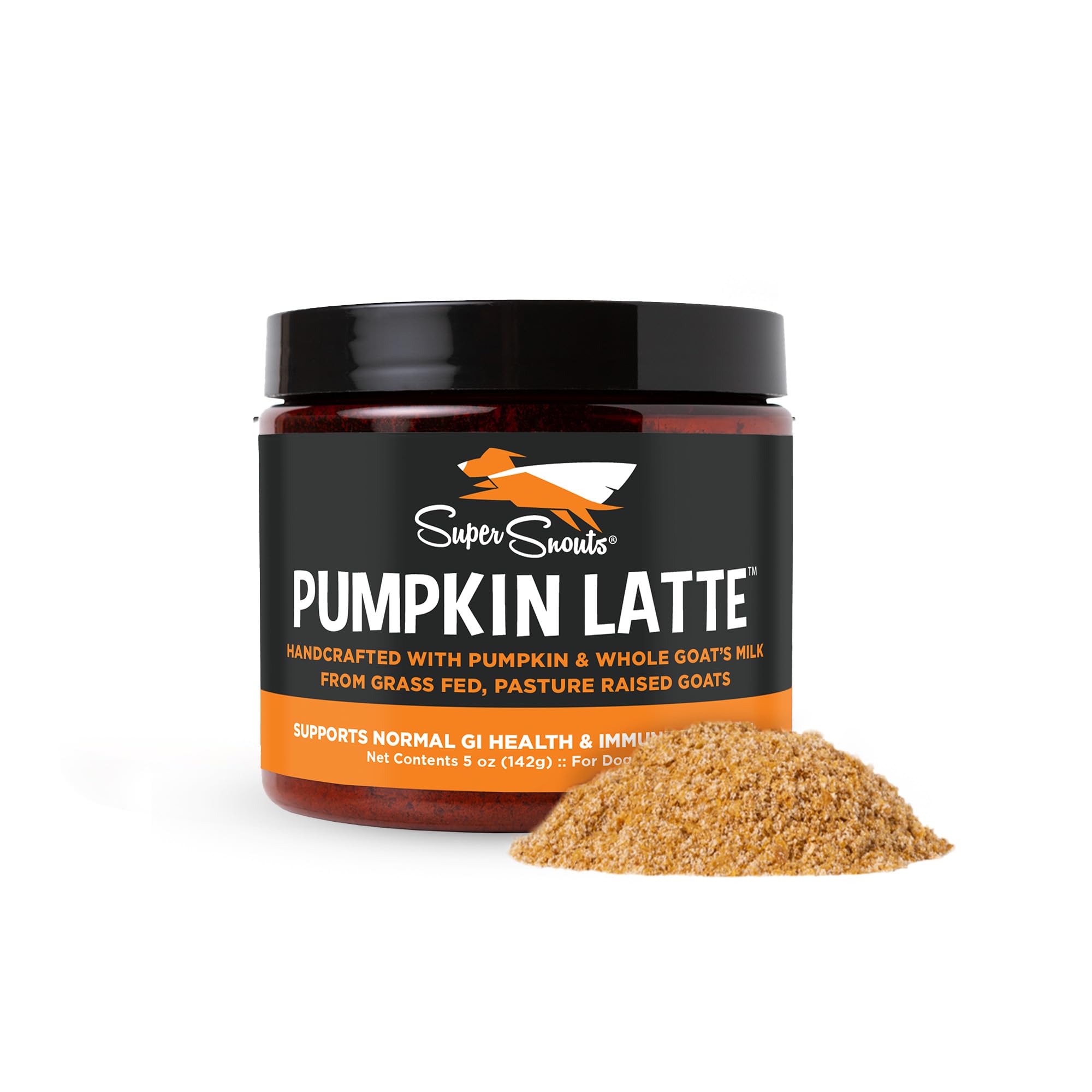 Super Snouts Pumpkin Latte bottle showing a pet digestive supplement.