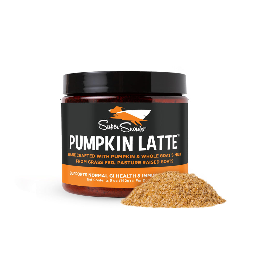 Super Snouts Pumpkin Latte bottle showing a pet digestive supplement.